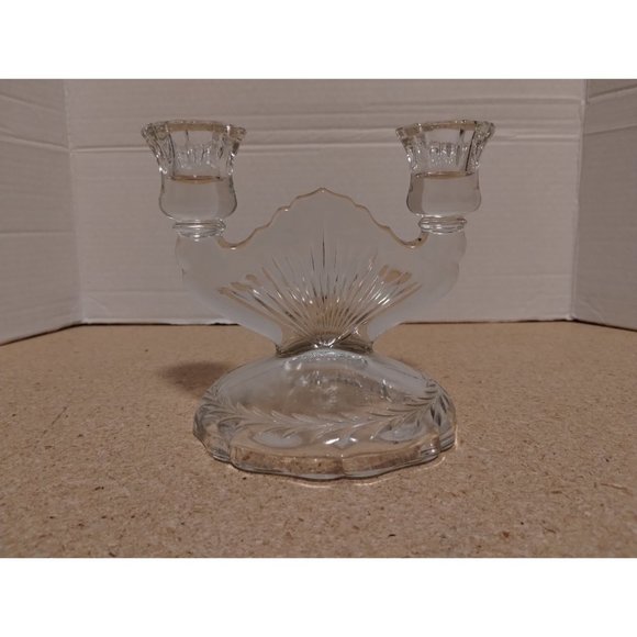 Jeanette Sunburst Clear Pressed Glass Double Candle Holder - Picture 2 of 6